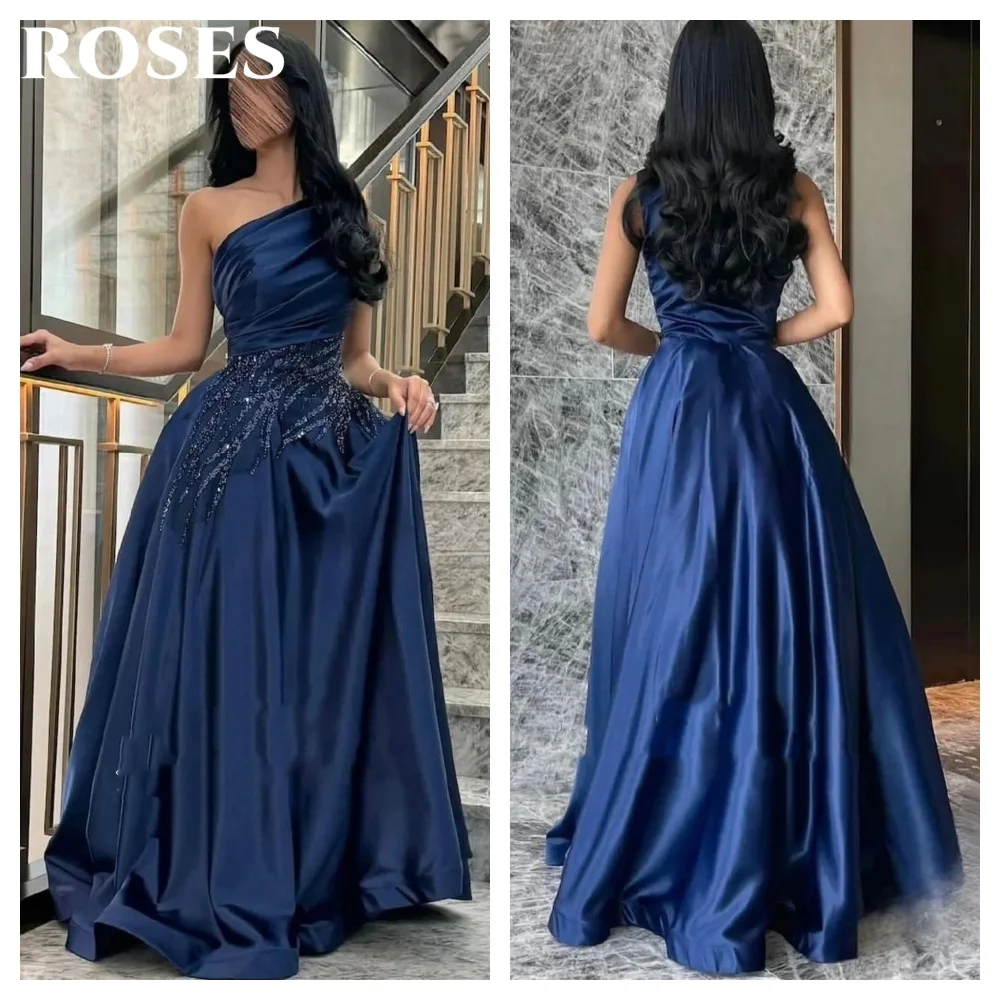 

ROSES Stylish Navy Blue Party Dress A-Line One - Shoulder Satin Night Dress with Sequin Embellishments Evening Dress Customized