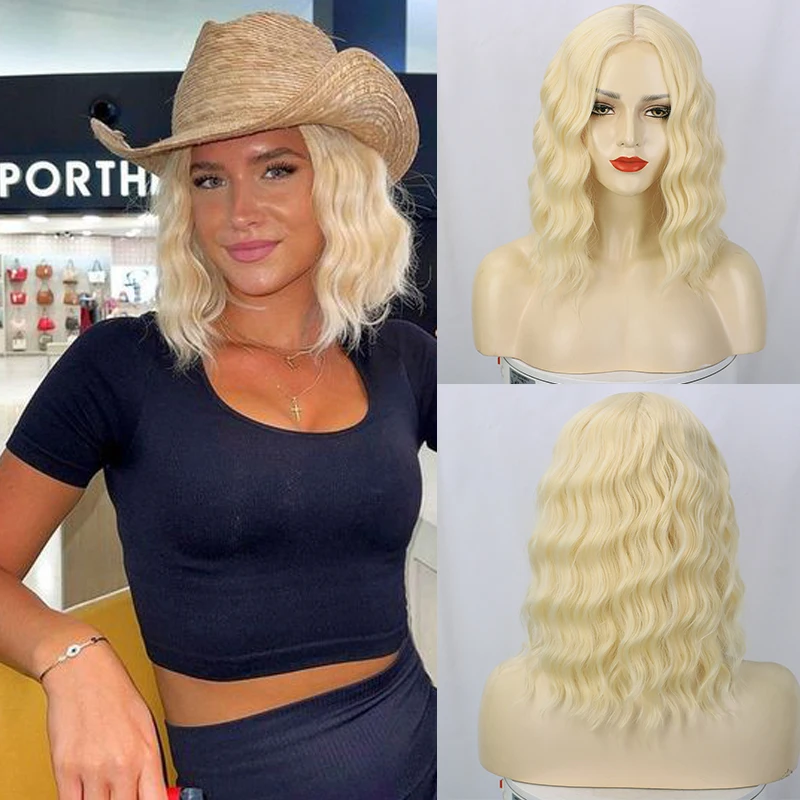 

14 Inch Ombre Wave Curly Bob Wig Short Bob Wigs for Women Cosplay Blonde Synthetic Natural Wavy Middle Part Wig Heat Resistant