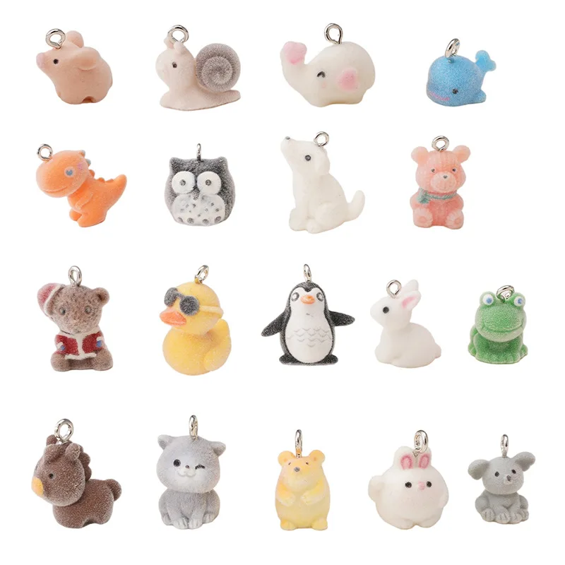 10Pcs 3D Flocking Resin Charms Cartoon Animal Pendant for Necklace Earrings Keychain Making DIY Jewelry Accessories Wholesale