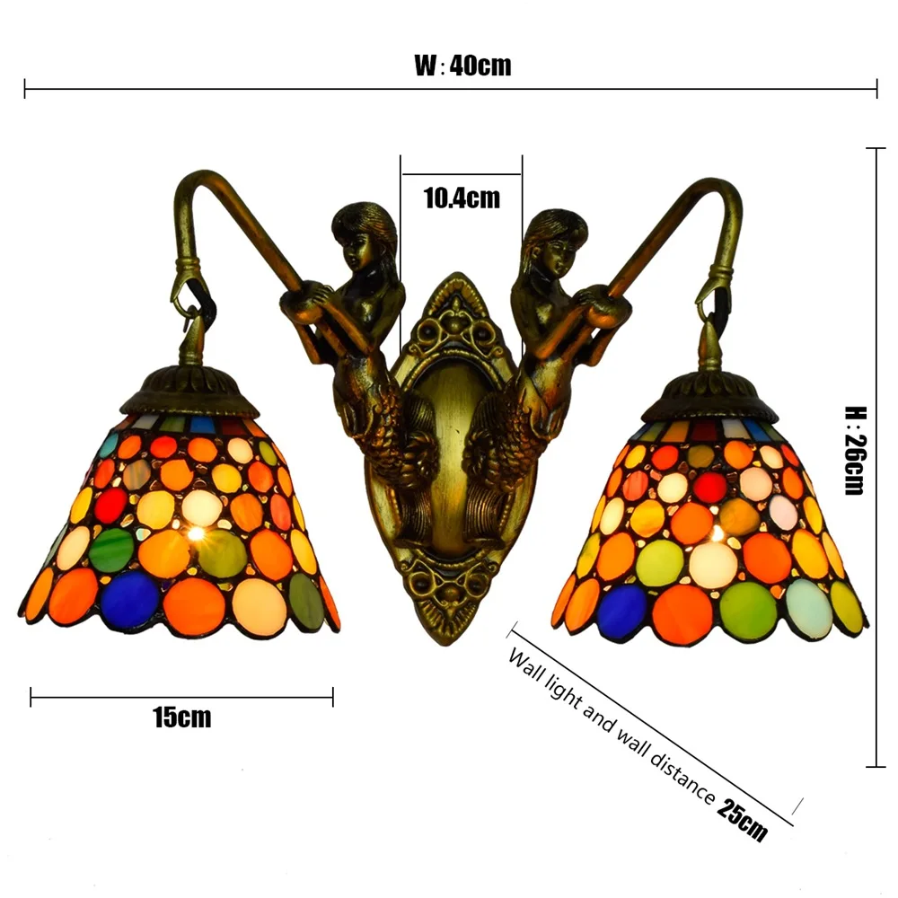 Tiffany Wall Lamp Baroque Wall Sconce Lamp with 6-Inch Vintage Stained Glass Shade for Bedroom Living Room Hallway Balcony