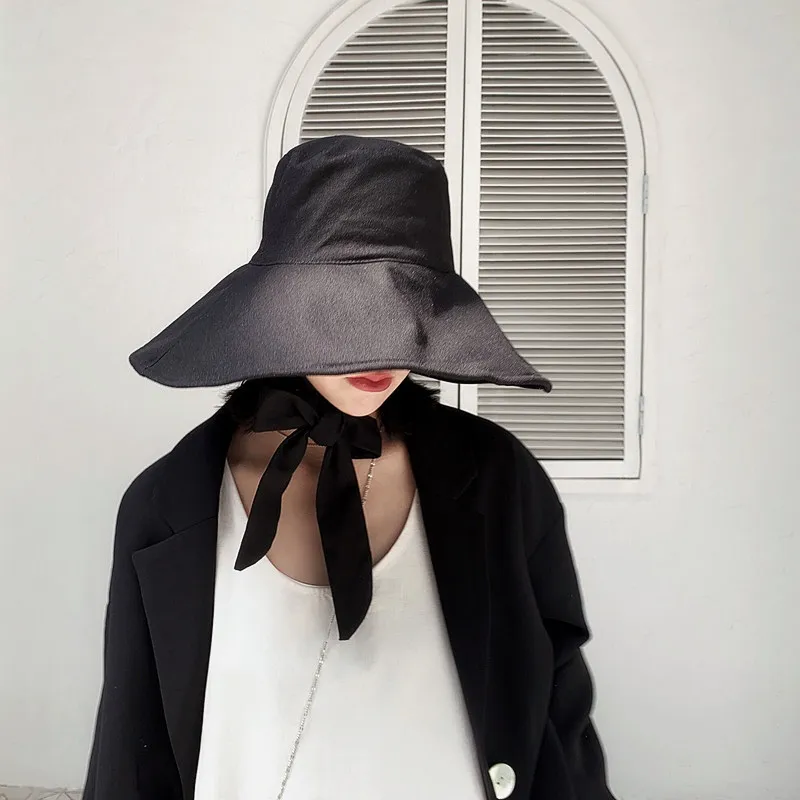 

Summer Spring Japan Style Tie Bucket Hat Women Korean Big Brim Fisherman Hat Foldable Sunscreen Chic Cotton Linen Beach Sun Hat