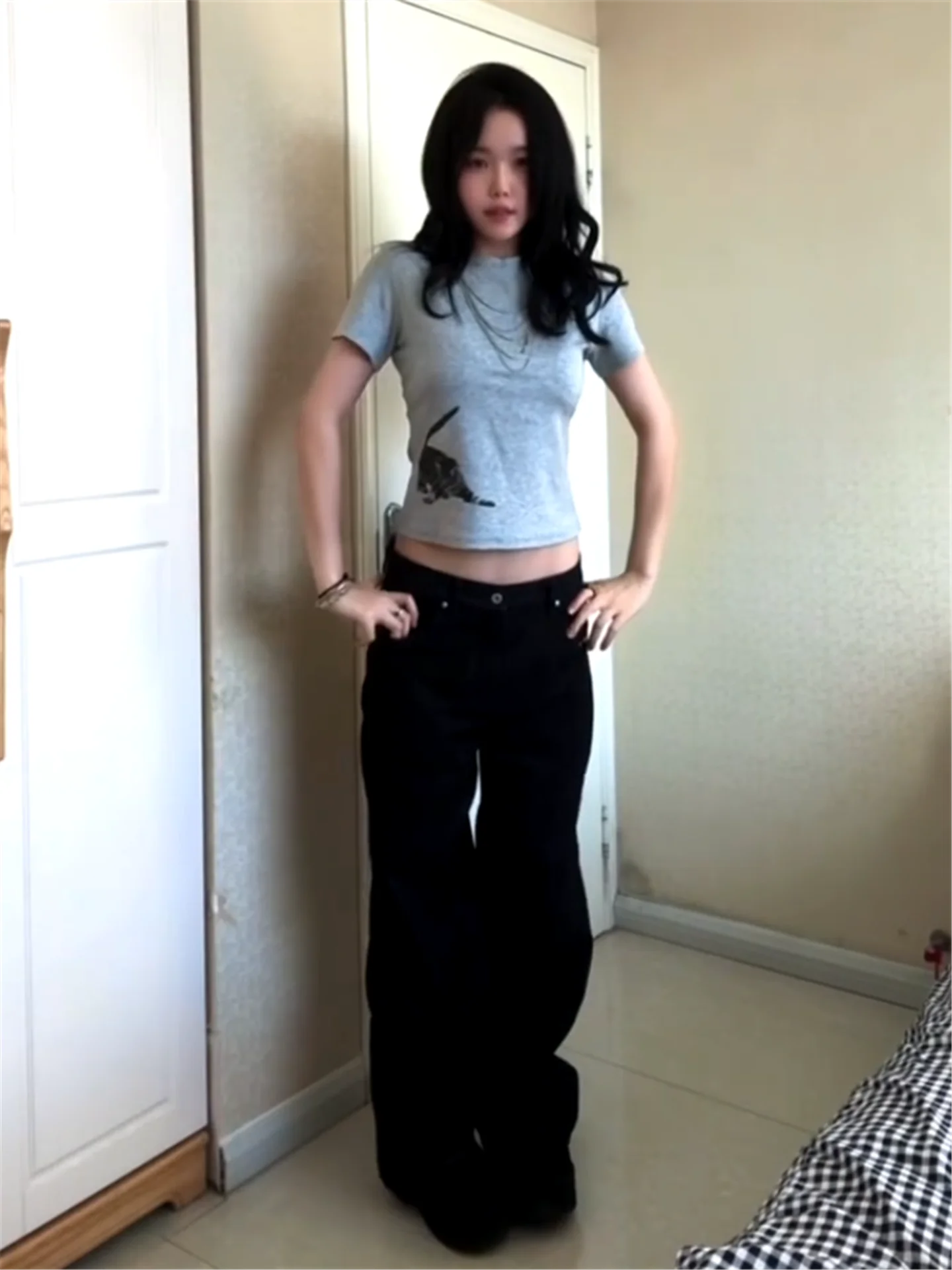 

American Style Hot Girl Low Waist Black Straight Leg Jeans Women's Loose Slimming Tall Extended Narrow Version Wide Leg Pants