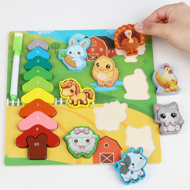 Wooden Toddler Shape&Animals Matching Puzzles Montessori Double-sided Drawing Board Toy, Educational Toys Gifts for Kids Age 3-5