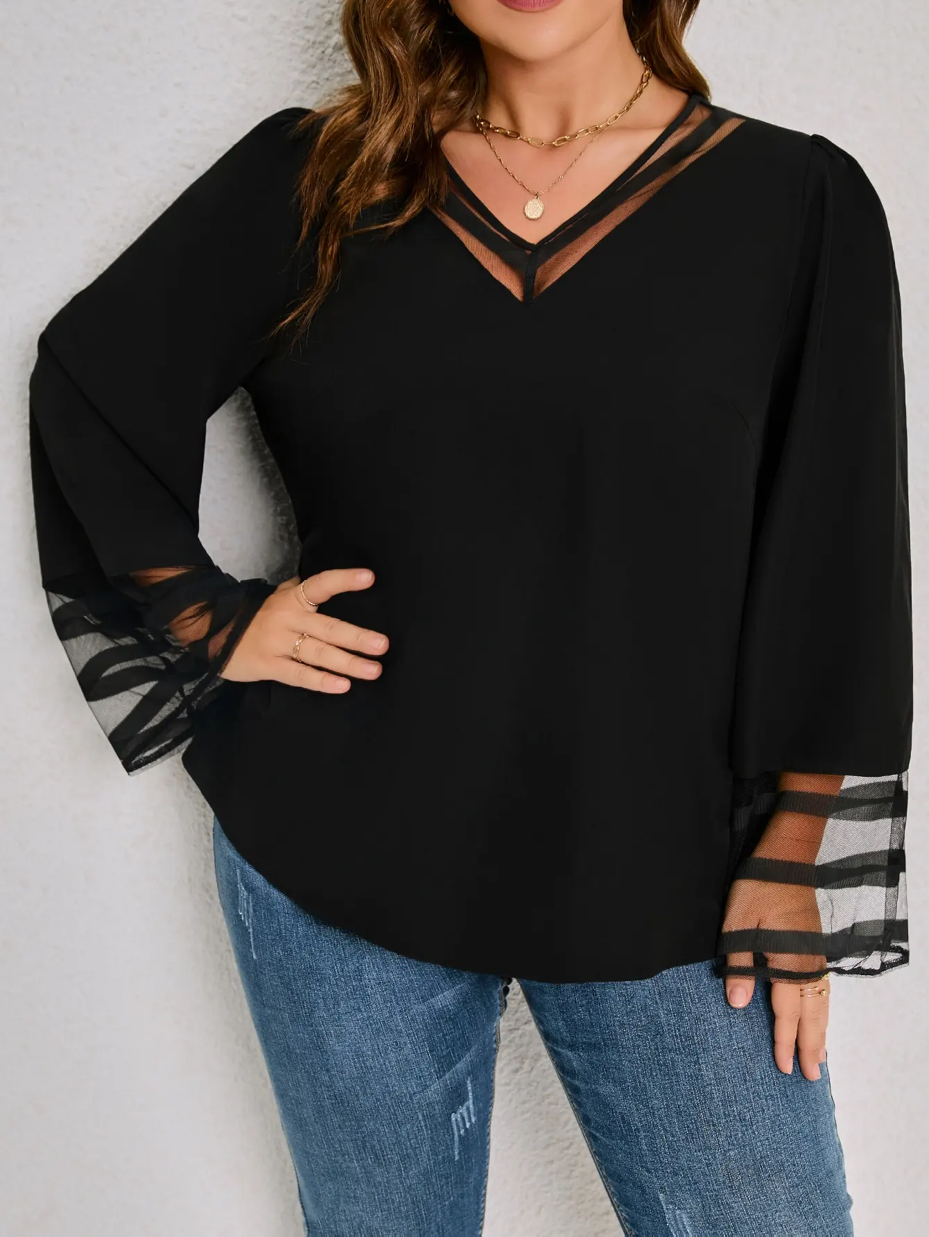 Women's Plus Size Mesh V-Neck Blouse, Elegant Bell Sleeve Top, Striped Sheer Sleeve Chiffon Shirt For Ladies