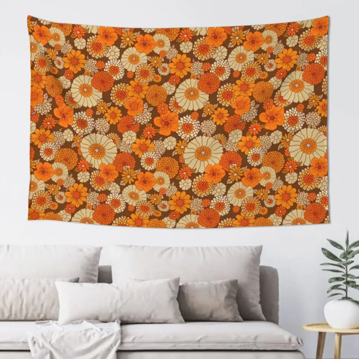 70s retro daisies, vintage flower power, orange and brown, boho, Tapestry Outdoor Decoration Bedroom Decor Aesthetic Tapestry