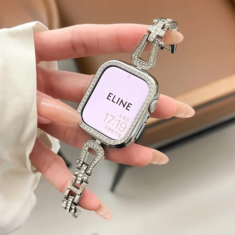 Металлический ремешок для Apple Watch Band 49 мм 46 42 45 41 38 40 44 мм с пряжкой в форме подковы Роскошный женский браслет с бриллиантами iWatch S10 9 8 7 6 5