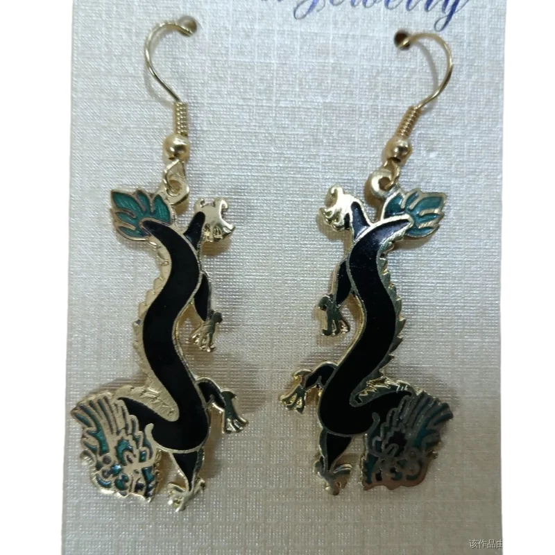 Chinese Ethnic Animal Dragon Drop Earrings 925 Silver Hook Accessories Vintage Cloisonne Enamel Jewelry Handmade Copper Dangle