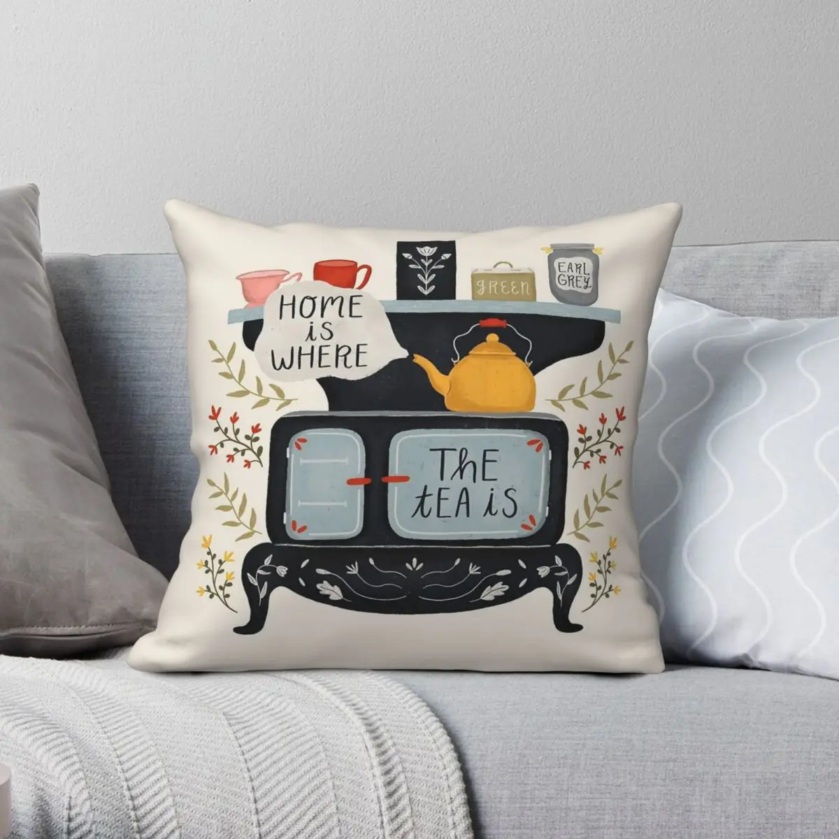 Home Is Where The Tea Is Square Pillowcase Polyester Linen Velvet Pattern Zip Decor Home Cushion Case 45x45