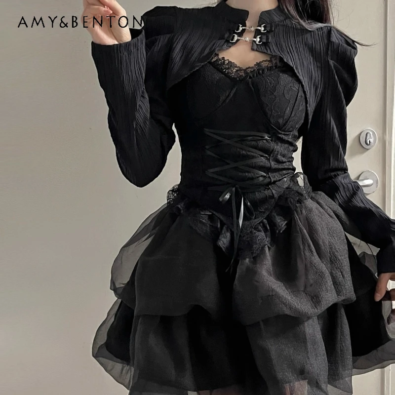 

Готический темный сексуальный женский топ на бретельках для девочек, оригинальный дизайн, новый милый крутой кружевной полый костюм на Хэллоуин, женский костюм