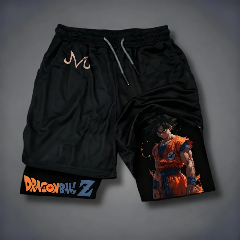 2026 Dragon Ball Herren Doppellagige Shorts Son Goku Sommer Anime Fake Zweiteilige Sport Fitness Schnelltrocknende Shorts GYM Y2k Hosen