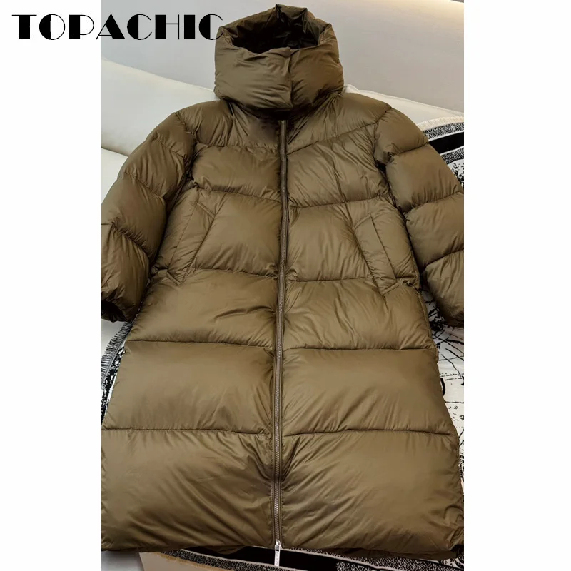 9.5 TOPACHIC-Women Fashion Long Keep Warm Thick Goose Down Outerwear Autumn Winter New Hooded Double Zipper Straight Down Jacket