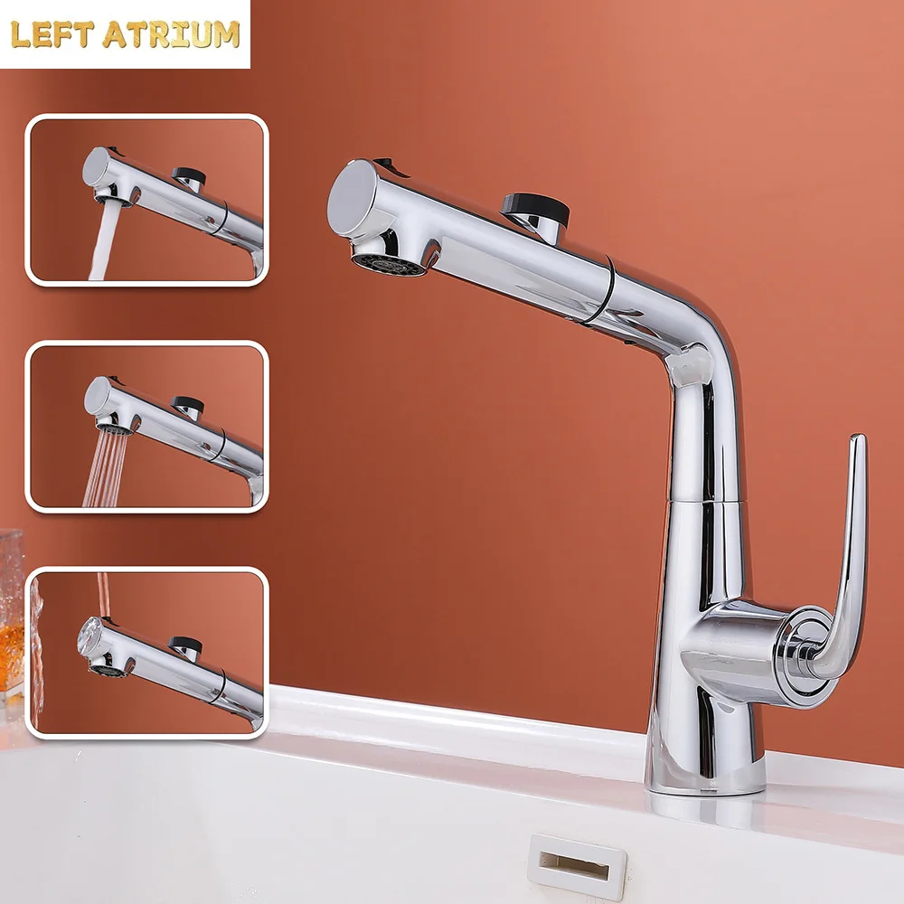 Light luxury 304 stainless steel basin washbasin pull-out faucet gun gray bathroom hot and cold water telescopic faucet