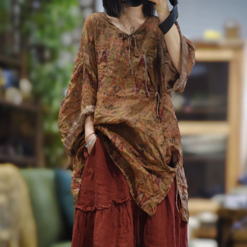Vintage Lace-up Middle -Length Ramie Printed Oversized Shirts and Tops Autumn Chinese Retro Tunic Blouses Long Blusa Feminina