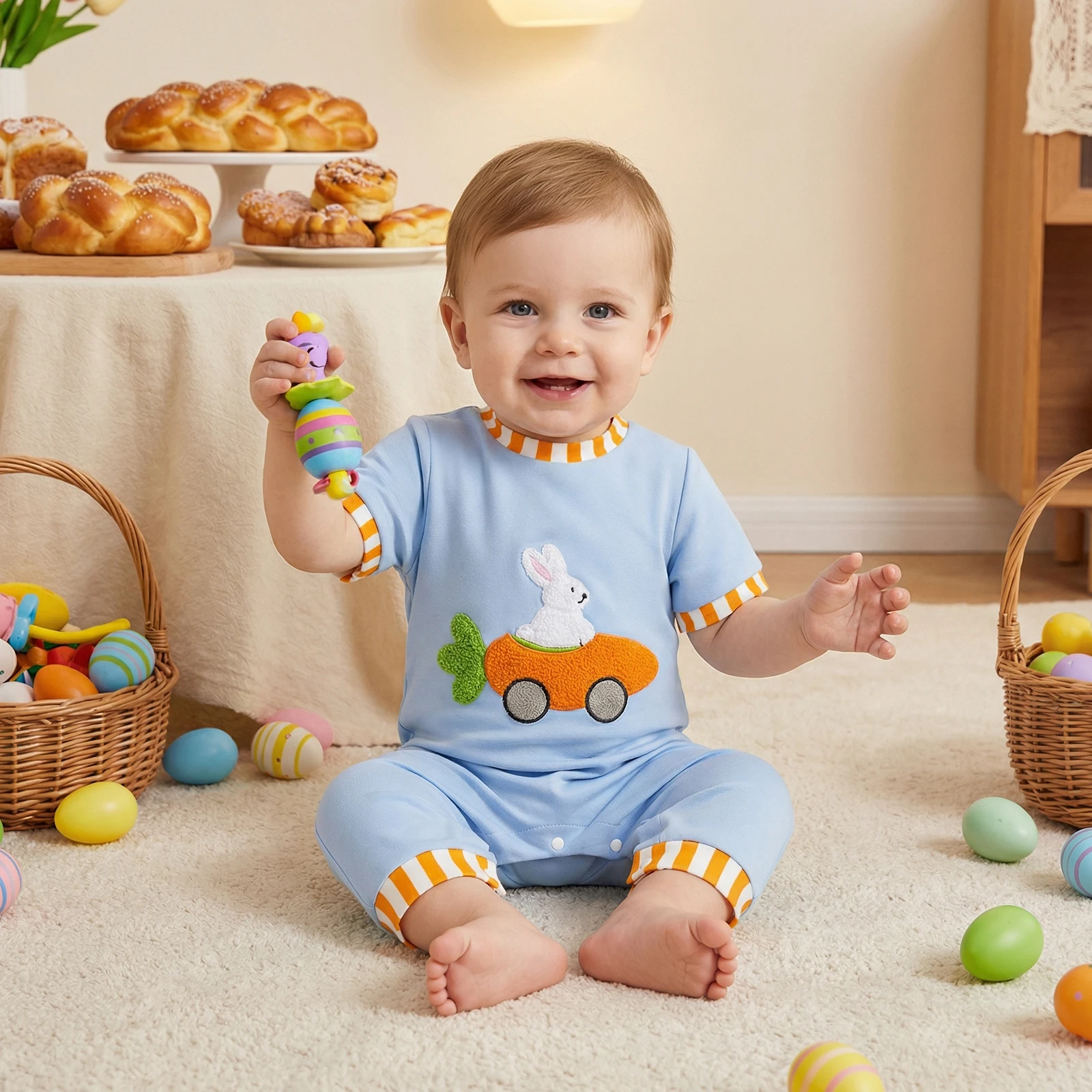 

Милый комбинезон для мальчика на Пасху, детский комбинезон с короткими рукавами и круглым вырезом, с вышивкой в виде кролика и моркови, пасхальный костюм для малышей