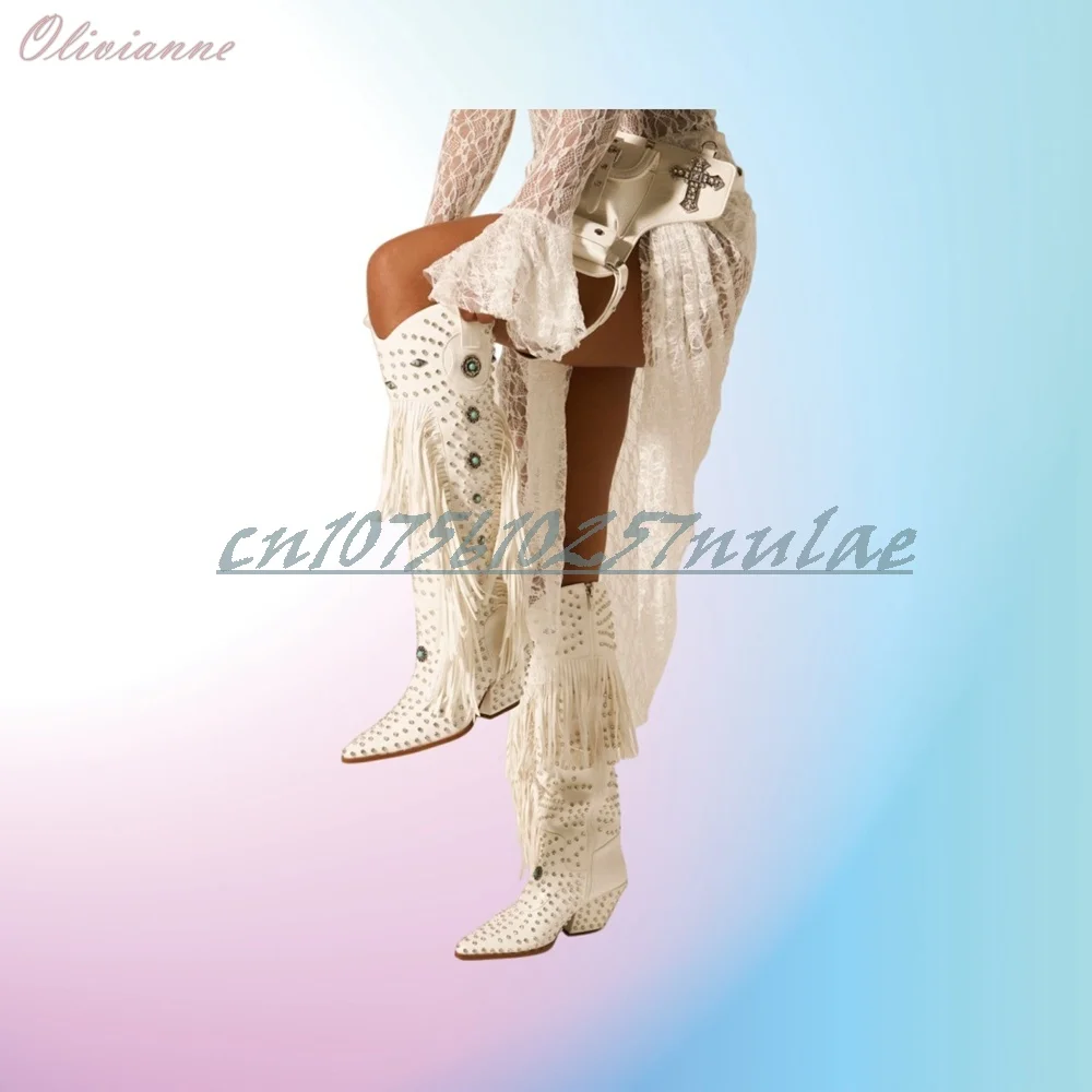 화이트 크리스탈 장식 태슬 장식 미드 카프 부츠 웨스턴 스타일 부츠 청키 하이힐 패션 여성 신발 파라 무헤레