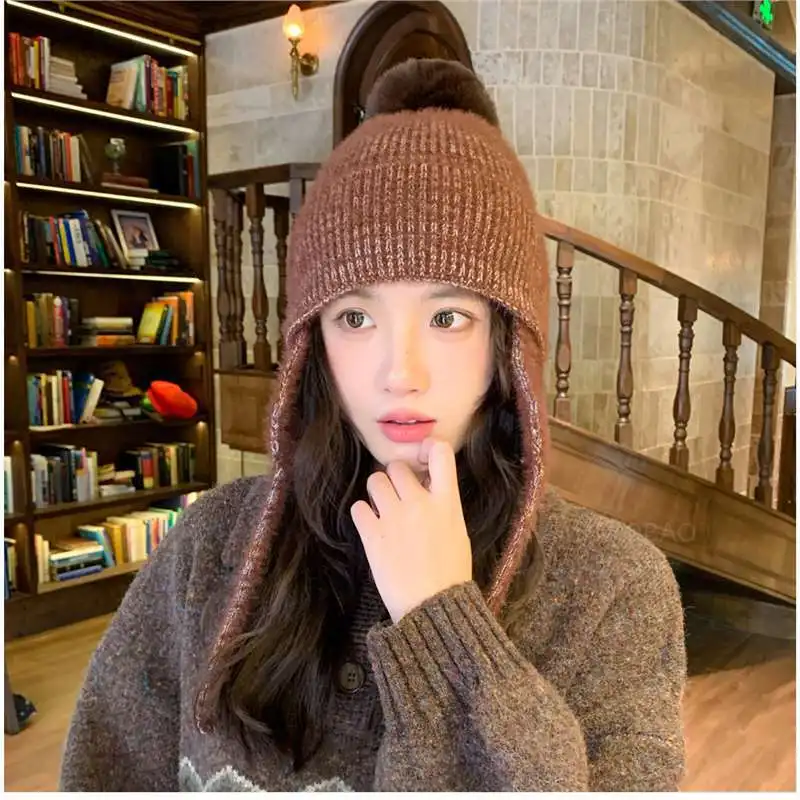 الكورية مختلط اللون لطيف أفخم الأشرطة حماة الأذن محبوك منفذها قبعة المرأة بسيطة الحلو لينة لطيف شتاء دافئ قبعة قبعة #3
