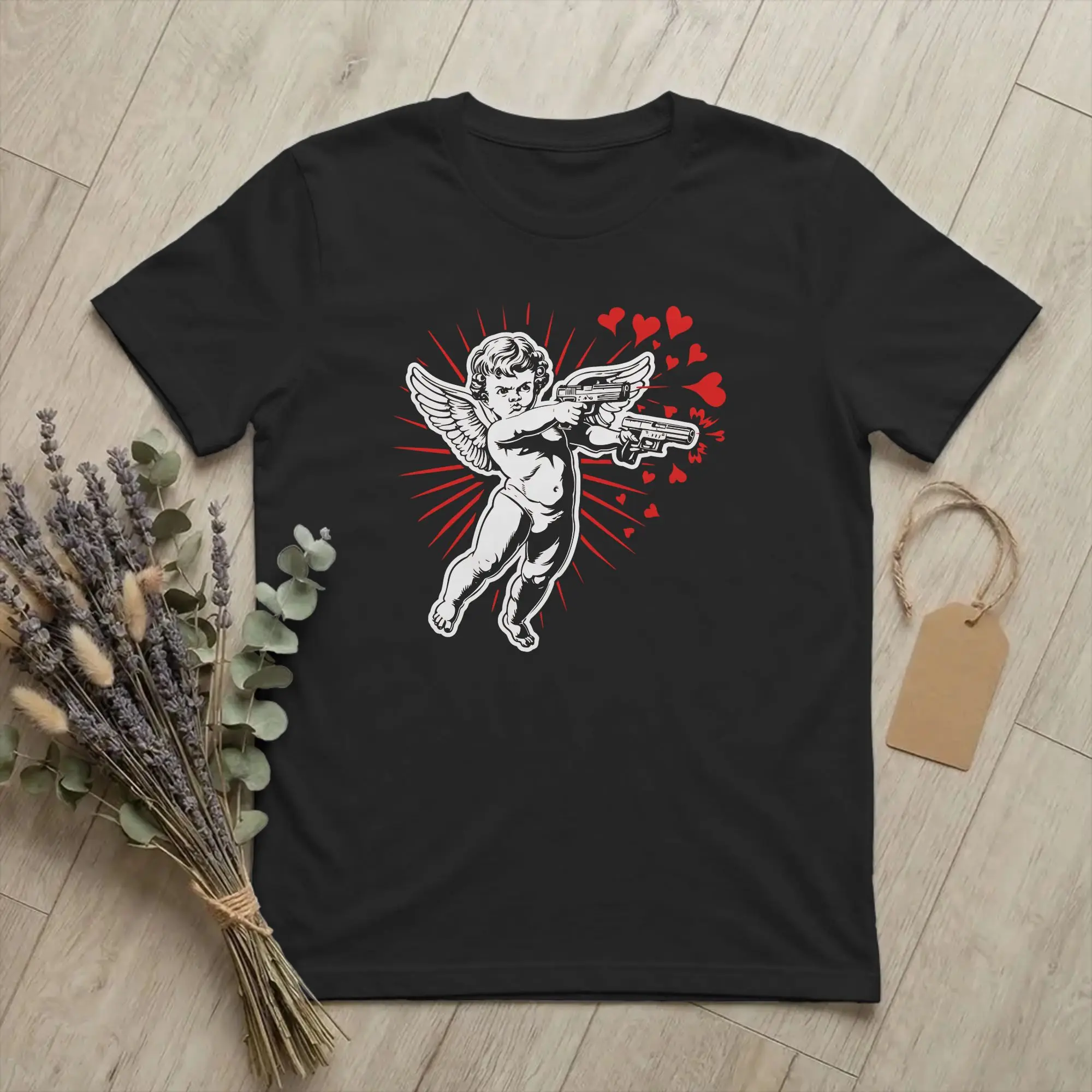 Spreading Love Cupid Cherub Shooting Hearts  T-Shirts Vintage Cotton Tees Round Neck Short Sleeve T Shirt Summer Tops