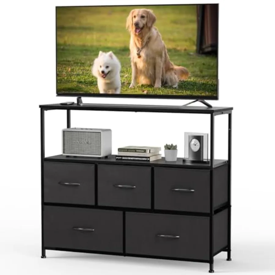 

TV Stand Dresser with 5 Fabric Storage Drawers Media Console Featuring Open Shelf for TV Compact Entertainment Unit for Bedroom