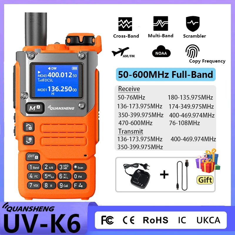 UV K6 Quansheng Walkie Talkie 5W Orange Air Band USB Type-C UHF VHF DTMF Wireless Frequency NOAA UV-K58 AM FM Ham Two Way Radio