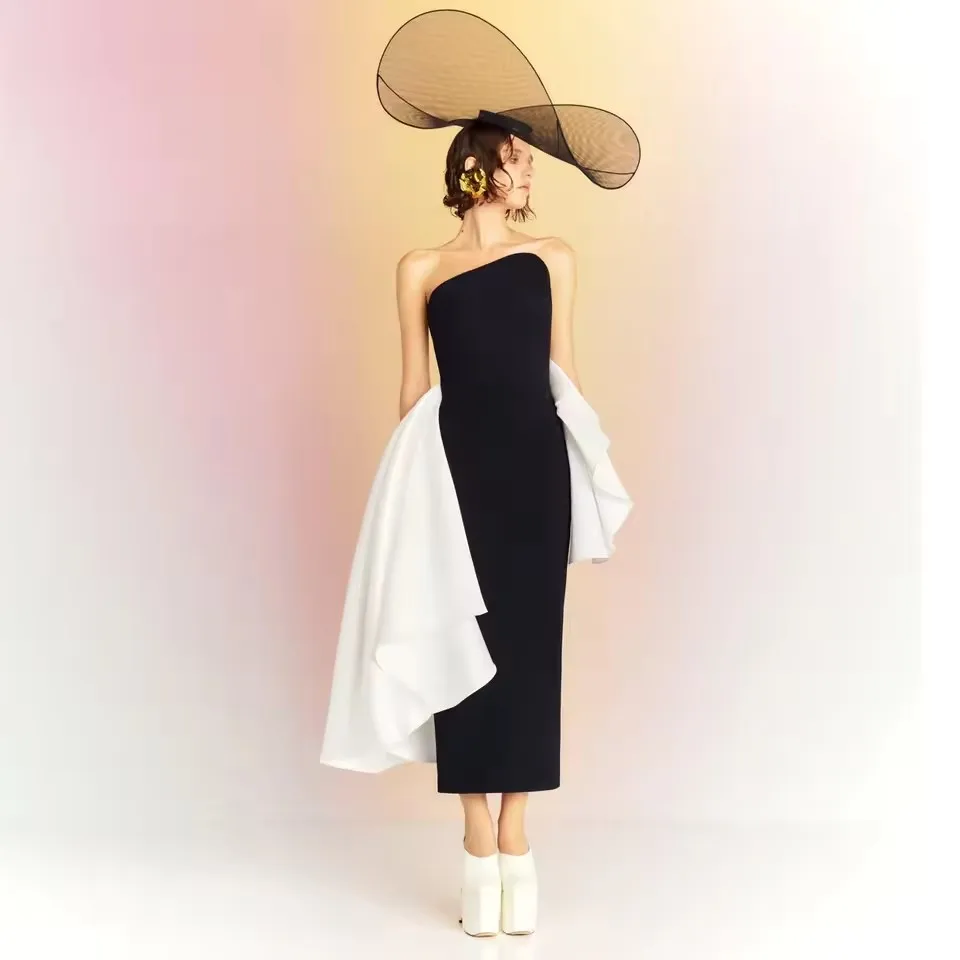 

Elegant Black Modest Party Dress With White Ruffles Strapless Back Split With Side Overlay Ankle Length Stretchy Women Dresses