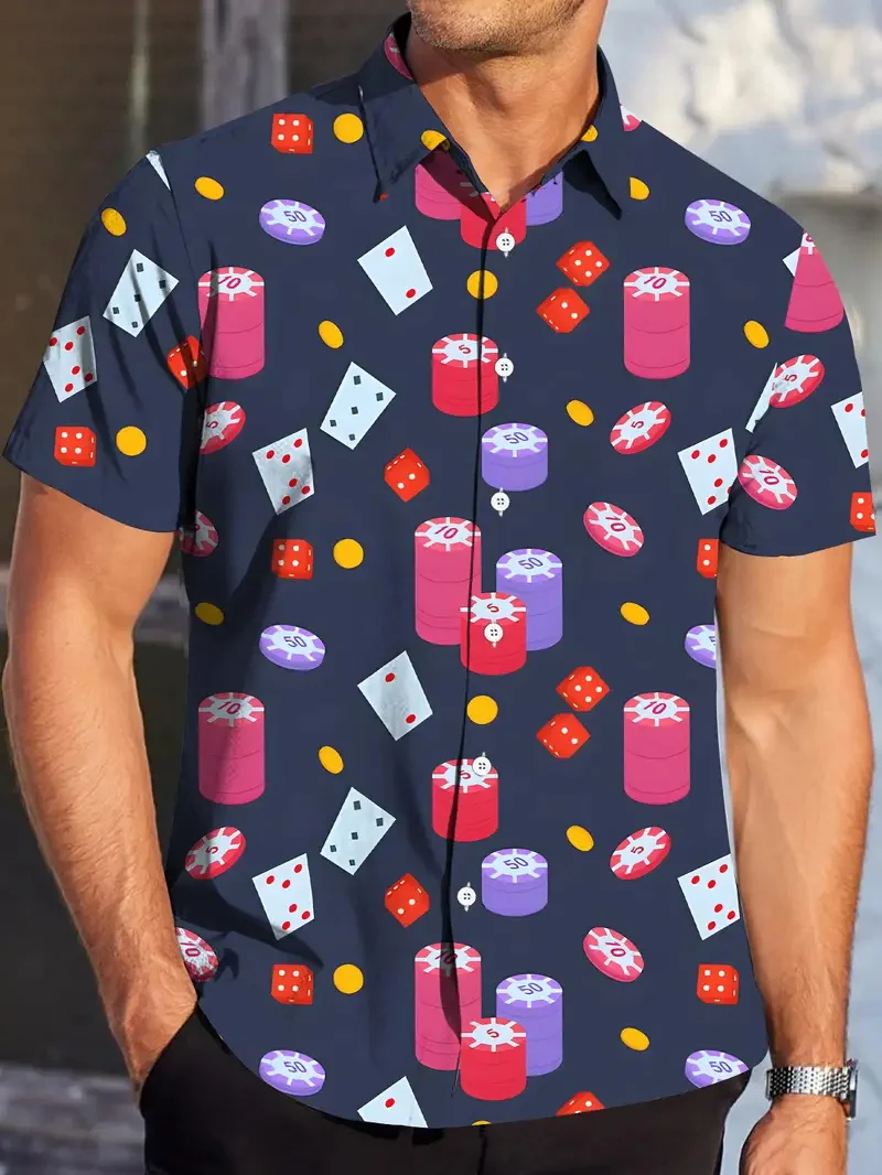 

Мужская гавайская рубашка в стиле ретро в стиле бинго, летняя тропическая пляжная рубашка на пуговицах с короткими рукавами, блузка, повседневная свободная рубашка для отпуска