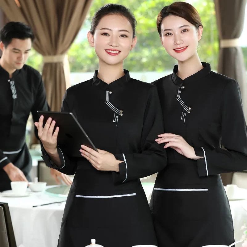 Embroidered Three Bars Waiter Workwear Autumn and Winter Clothes Women's Long-Sleeved Hotel Chinese Restaurant Catering Restaura