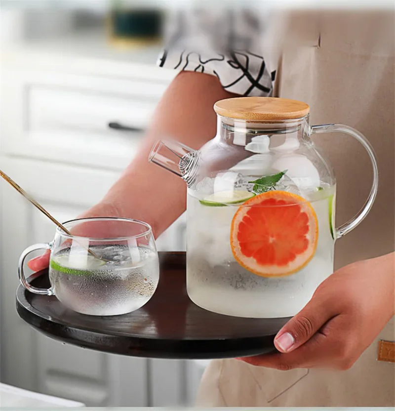 

1/1.8L Transparent Glass Teapot with Bamboo Lid Heat-Resistant Glass Pitcher Thickened Glass Flower Tea pot Puer Kettle Office