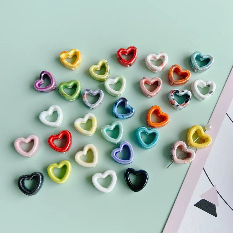 DIY Jewelry Accessories Hollow Tie-Dye Ink-Wash Love Heart Ceramic Straight Hole Handmade Materials（10pcs）
