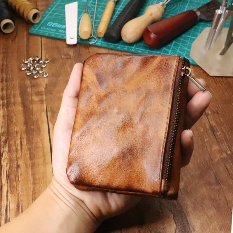 Handmade Vegetable Tanned Leather Cowhide Wallet Vintage Old Youth Student Wallet Silver Bag Vertical Multifunctional Wallet