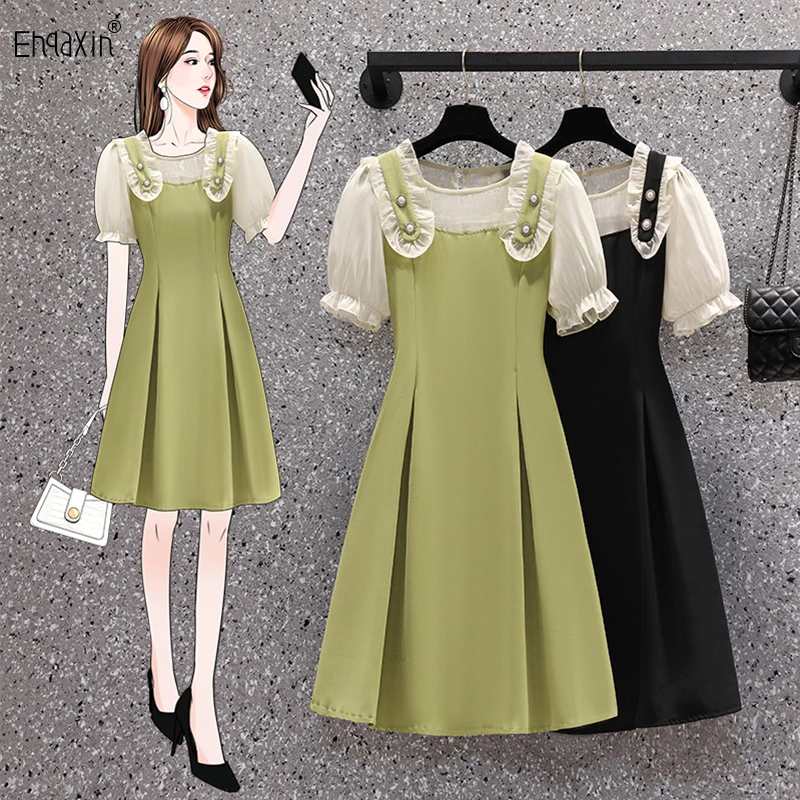 EHQAXIN Summer New Women's Dress 2022 Fashion Stitching Fungus Edge Buttons Elegant Short-Sleeved Ruffle Dresses Female L-4XL