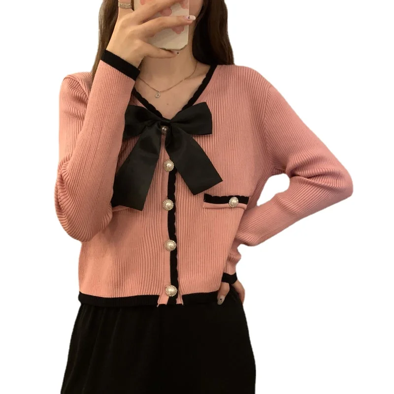 Sweet Streetwear Long Sleeve Knitted Sexy Sweet Women Cardigan Sexy Casual Bow Patchwork Single Breasted Ins Fashion Korean Top