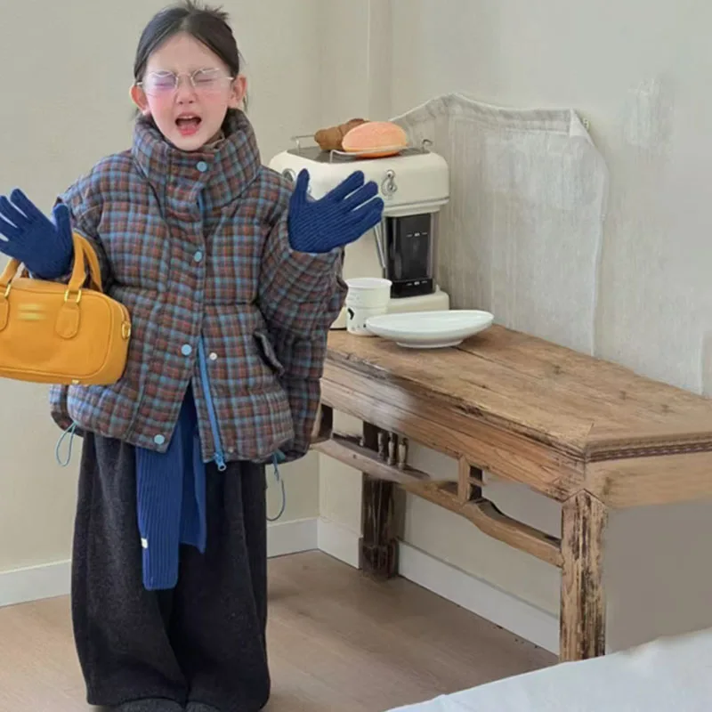 

Детская осенне-зимняя стеганая куртка в клетку, теплая, утолщенная, пуховик, удобная, новая модная детская одежда в ретро-стиле