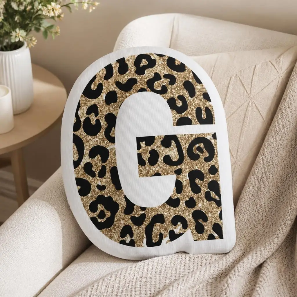 Gold Leopard Letter G Initial Shaped Plush Pillow Alphabet Cushion Stuffed Throw Pillow for Sofa Bedroom Home Decor Gift