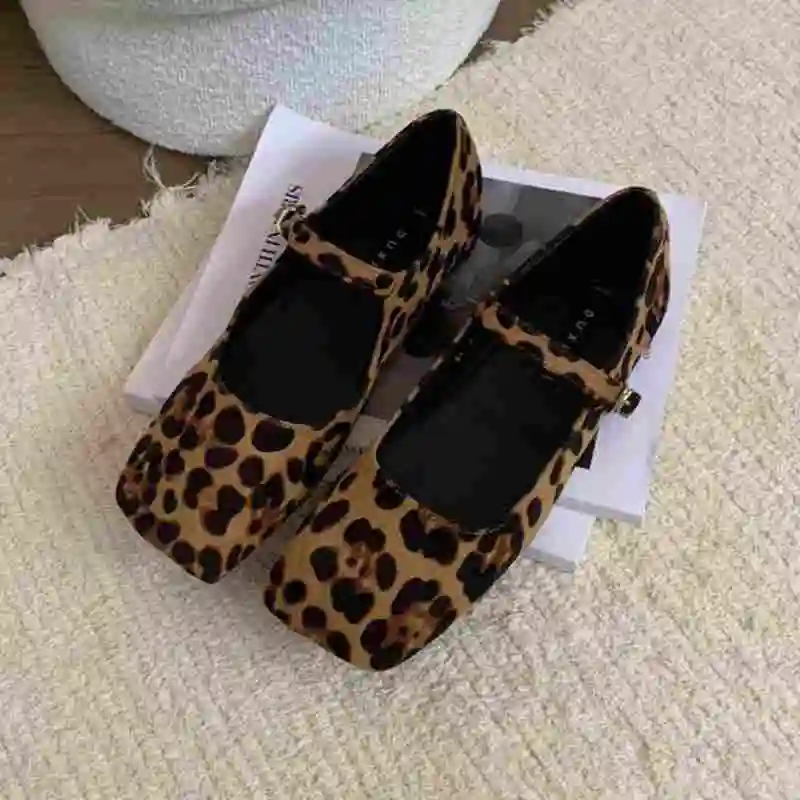 Flat Heels French Dress Party Shoes for Woman Mary Jane Square Toe Leopard Print Classic casual Lady Shoes Fashion Shallow Mujer