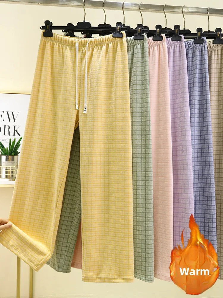 

Женские утепленные флисовые брюки для дома, зимние теплые домашние штаны, длинные брюки оверсайз с высокой талией, на резинке, в клетку