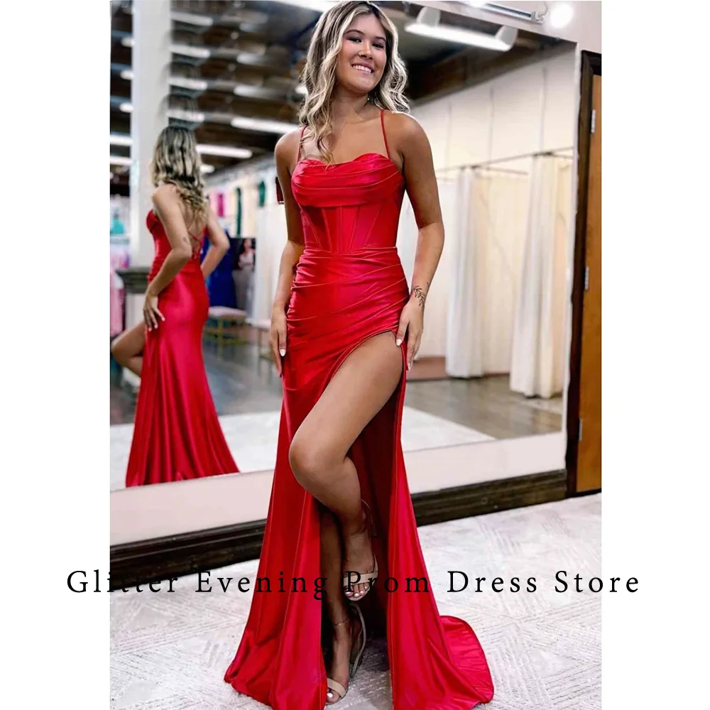 

2024 Red Sexy Prom Dresses For Women Mermaid Sweetheart Slide Split Pleat Backless Satin Custom Made Birthday Evening Party Grow