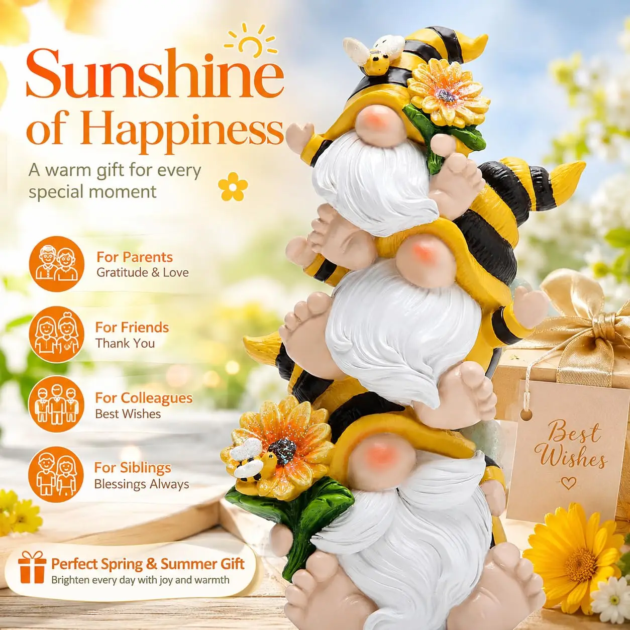 Stacked Bee Gnome Figurine Resin Sunflower Farmhouse Decor Indoor, Customized