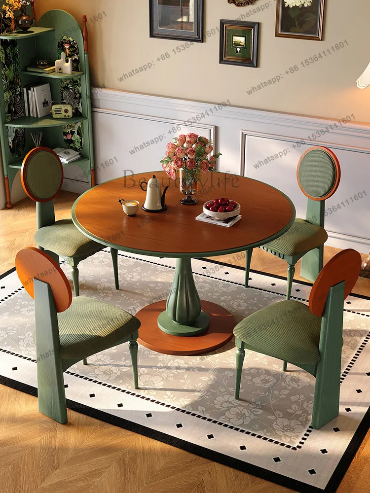 

French retro solid wood round dining table green antique ash wood dining table