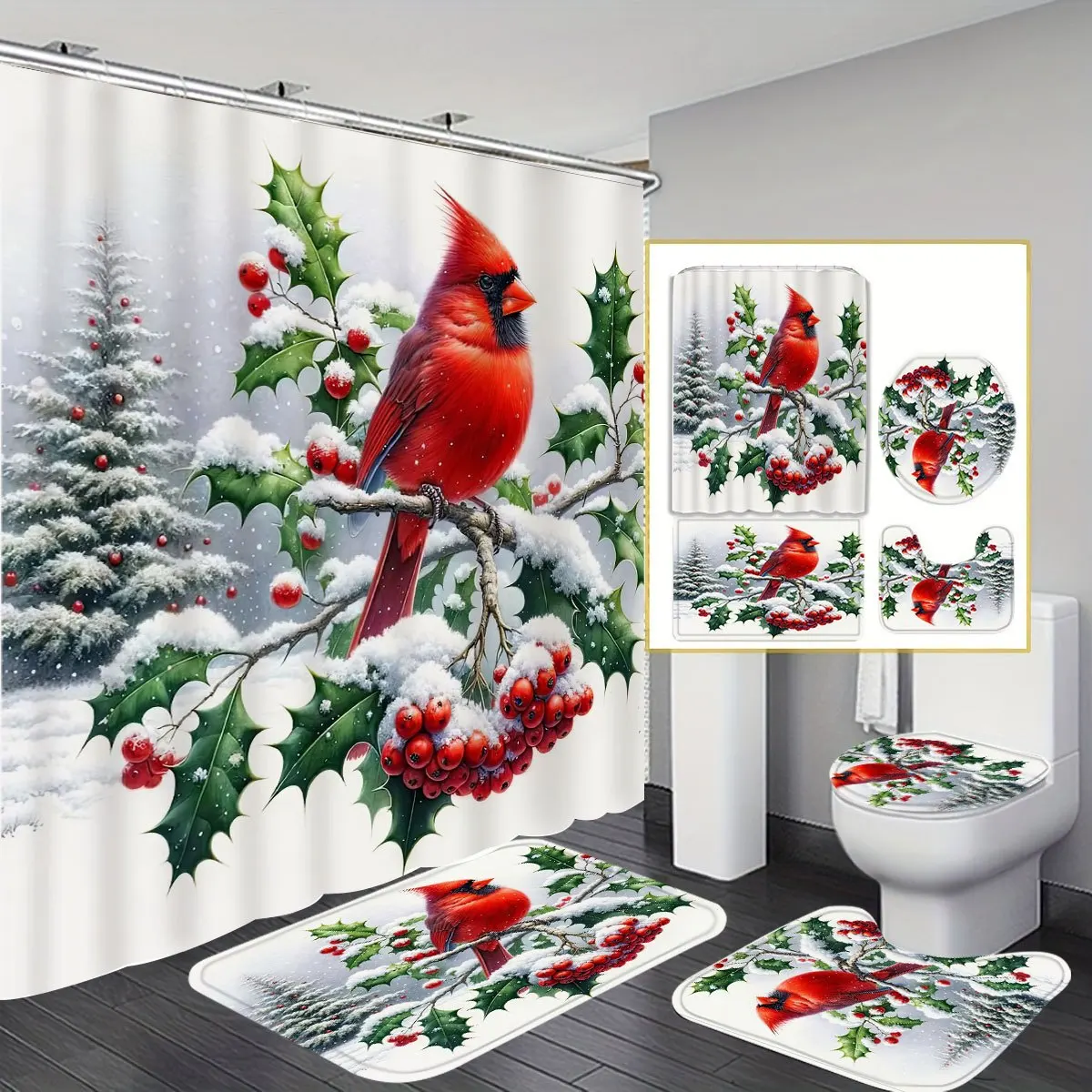 4PCS Christmas Cardinal Shower Set – 12 Hooks,Non-Slip Mat,U-Shaped Seat Cover, Machine Washable – Winter Holiday Bathroom Decor