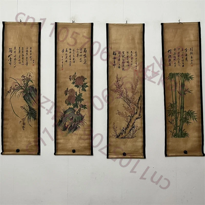 China Old Scroll Painting, Four Screen Paintings, Middle Hall Hanging Painting, n the year of Jiawu, Bai Shi Mei Lan