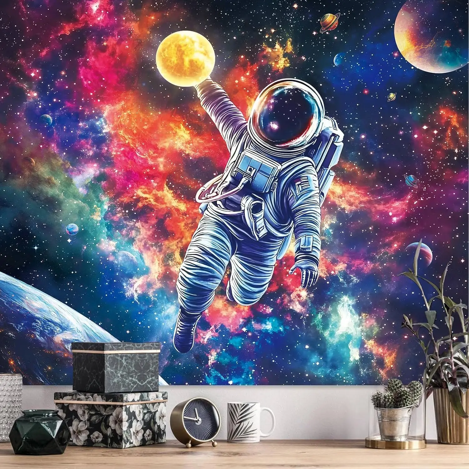 Blacklight Astronaut Space Tapestry for Bedroom Men, Black Light Posters UV Reactive Galaxy Starry Sky Tapestries Wall Hanging