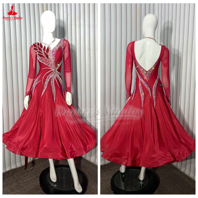 

Social Dance Luxurious AB Stones Long Sleeves Big Swing Dresses Adult Female Waltz Foxtrot Tango Perform Contest Clothes Custom
