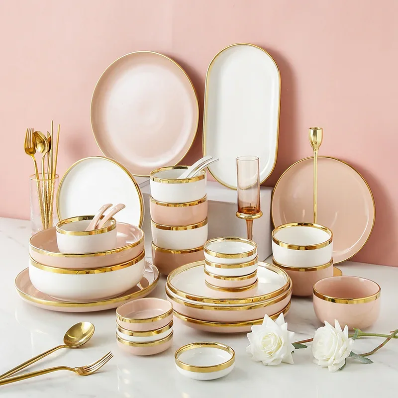 Bright White And Pink With Gold Porcelain Plates Kitchen Dinner Plate Set Ceramics Food Dishes Salad Noodles Bowl