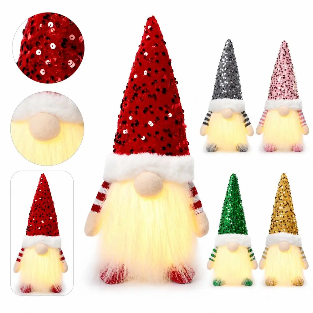 Fabric Christmas Gnome Figurine Sequin Pointed Hat Light Up Lighted Gnome Decoration White Beard Freestanding Tomte Figurine