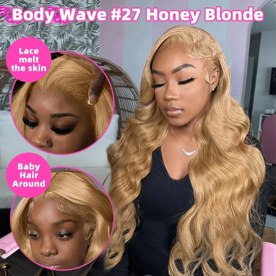 27 Honey Blonde Human Hair Wig 13X6 HD Lace Front Wig Pre Plucked Natural Hairline Beginner Friendly Wig 200% Density for Women Daily Wear