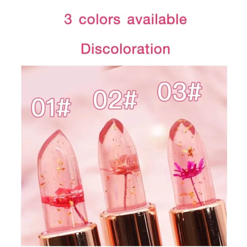 Crystal Jelly Flower Color Changing Lipstick Temperature Color Changing Lip Balm Gloss Transparent Lasting Moisturizer Makeup