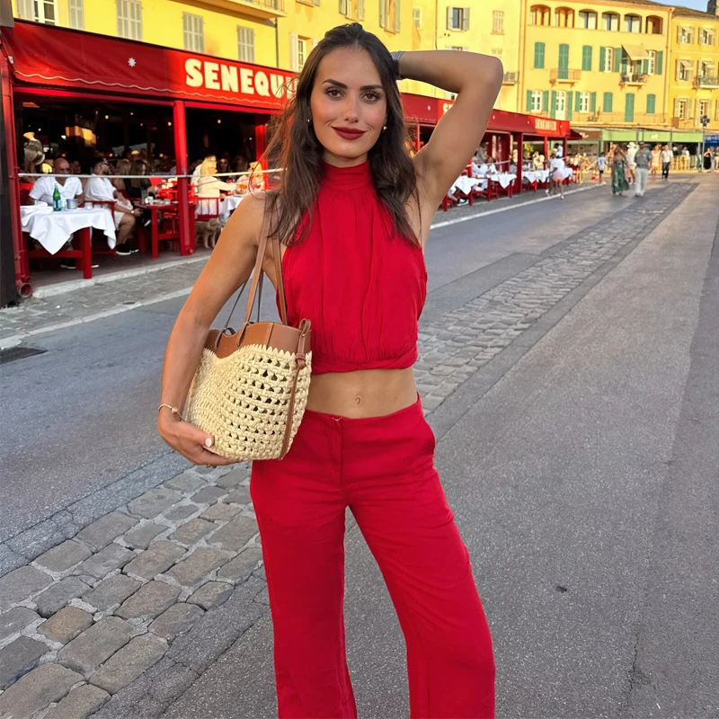 MUJER Rotes Gerades Hosen-Set 2-teilig Damen Sommer Niedrige Taille Damenhosen-Anzug Neckholder Crop Top Damen-Outfit Urlaubshose – Detail 2
