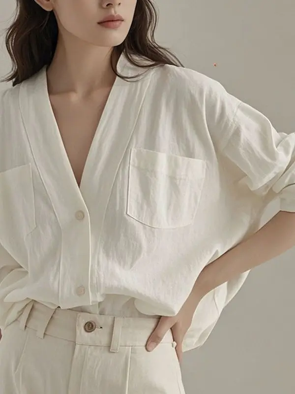 

plus Size 300 Pounds Big Sister V-Neck Long Sleeve White Shirt Women Early Spring Summer High-End Sense Office Top