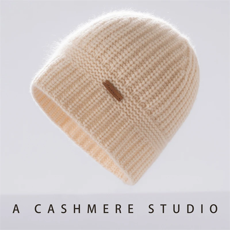 DjzDsm 100% Cashmere Hat Women's Thick Knitted Hat Casual Solid Color Warm Winter Thick Ear Protection Hat
