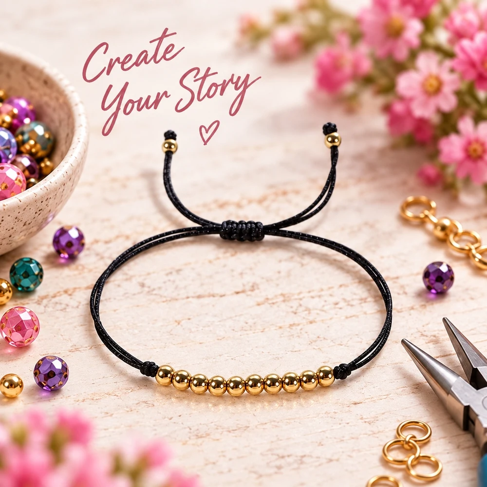 1pc Adjustable Black Cord Bracelet with Golden Ball Bead Row Sliding Knot Minimalist Unisex Wrist Jewelry Style